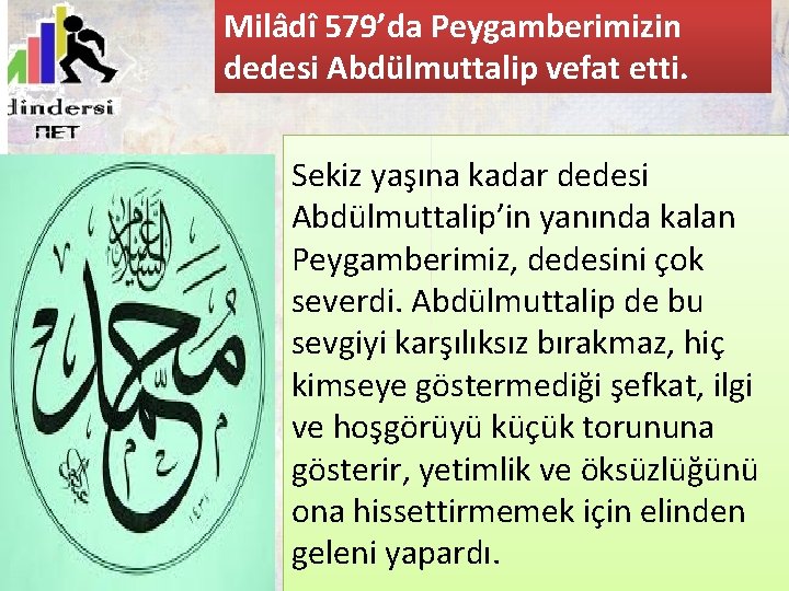 Milâdî 579’da Peygamberimizin dedesi Abdülmuttalip vefat etti. Sekiz yaşına kadar dedesi Abdülmuttalip’in yanında kalan