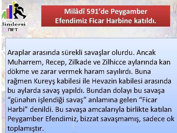 Milâdî 591’de Peygamber Efendimiz Ficar Harbine katıldı. Araplar arasında sürekli savaşlar olurdu. Ancak Muharrem,