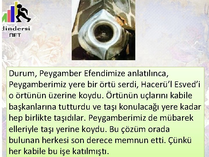 Durum, Peygamber Efendimize anlatılınca, Peygamberimiz yere bir örtü serdi, Hacerü’l Esved’i o örtünün üzerine