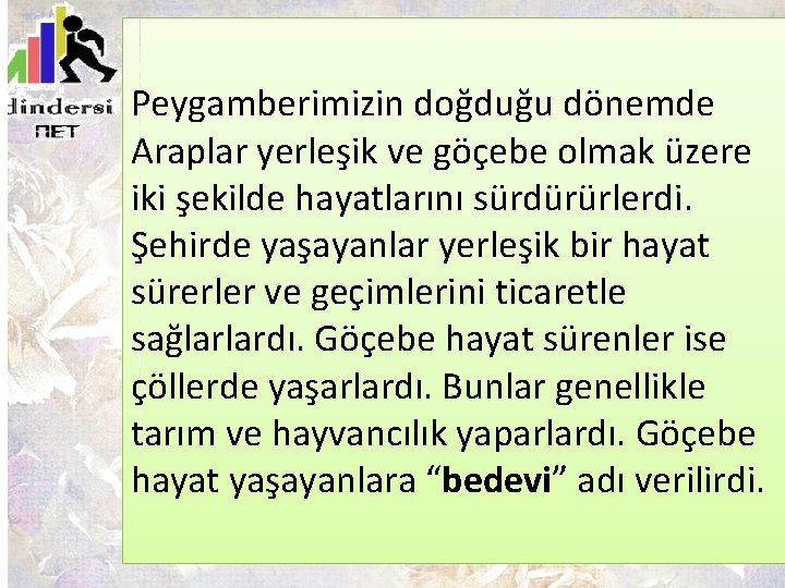 Peygamberimizin doğduğu dönemde Araplar yerleşik ve göçebe olmak üzere iki şekilde hayatlarını sürdürürlerdi. Şehirde