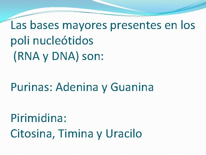 Las bases mayores presentes en los poli nucleótidos (RNA y DNA) son: Purinas: Adenina