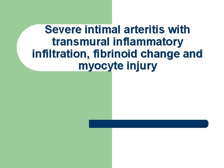 Severe intimal arteritis with transmural inflammatory infiltration, fibrinoid change and myocyte injury Severe intimal arteritis with transmural inflammatory infiltration, fibrinoid change and myocyte injury