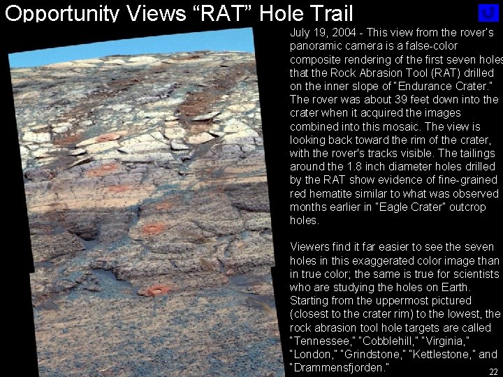 Opportunity Views “RAT” Hole Trail July 19, 2004 - This view from the rover’s