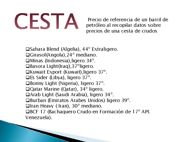  Precio de referencia de un barril de petróleo al recopilar datos sobre precios