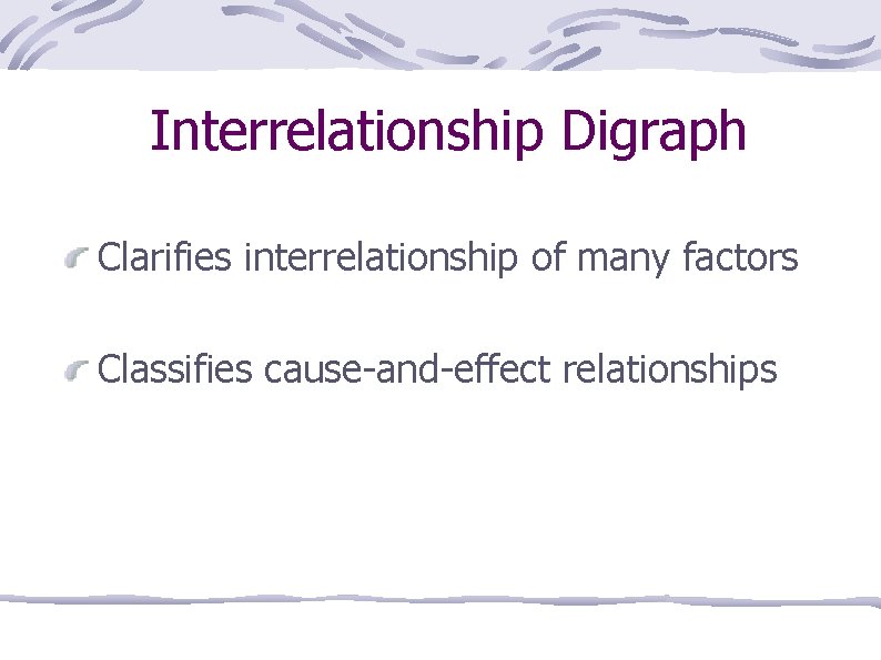 Interrelationship Digraph Clarifies interrelationship of many factors Classifies cause-and-effect relationships 