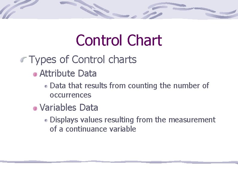 Control Chart Types of Control charts Attribute Data that results from counting the number