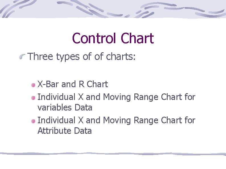 Control Chart Three types of of charts: X-Bar and R Chart Individual X and