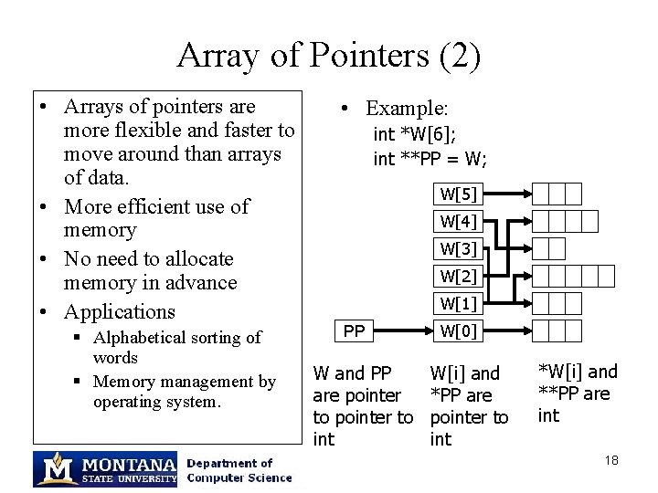 Array of Pointers (2) • Arrays of pointers are more flexible and faster to