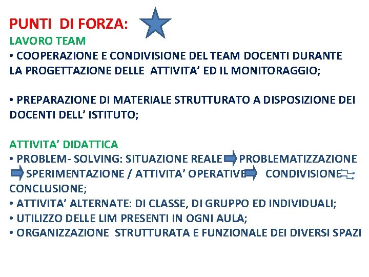 PUNTI DI FORZA: LAVORO TEAM • COOPERAZIONE E CONDIVISIONE DEL TEAM DOCENTI DURANTE LA