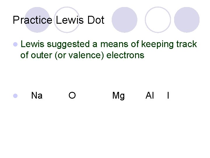 Practice Lewis Dot l Lewis suggested a means of keeping track of outer (or