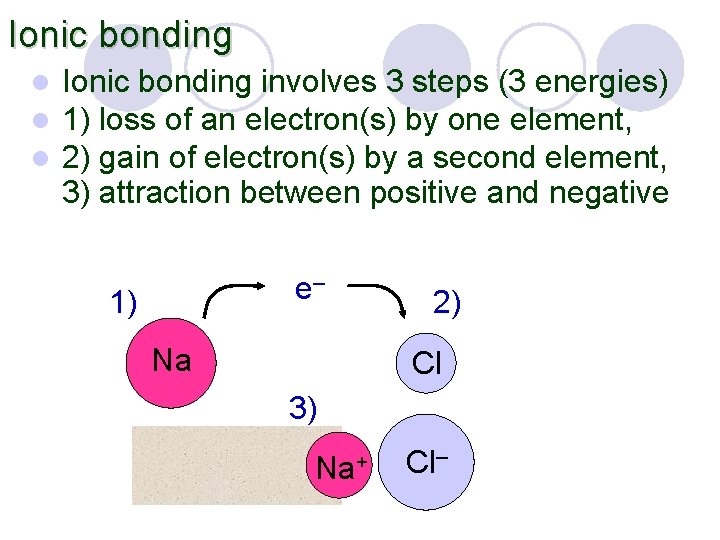 Ionic bonding l l l Ionic bonding involves 3 steps (3 energies) 1) loss