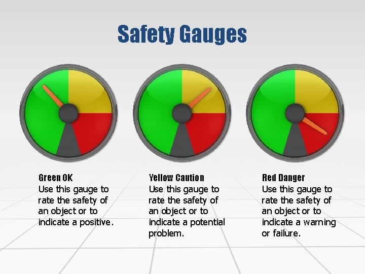 Safety Gauges Green OK Use this gauge to rate the safety of an object