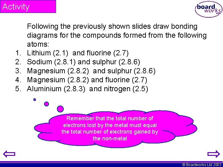 Activity 1. 2. 3. 4. 5. Following the previously shown slides draw bonding diagrams