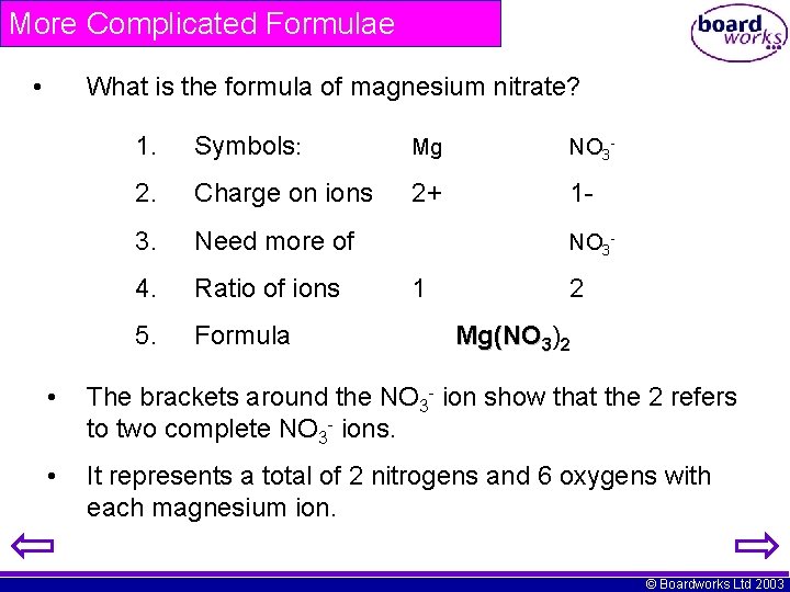 More Complicated Formulae • What is the formula of magnesium nitrate? 1. Symbols: Mg