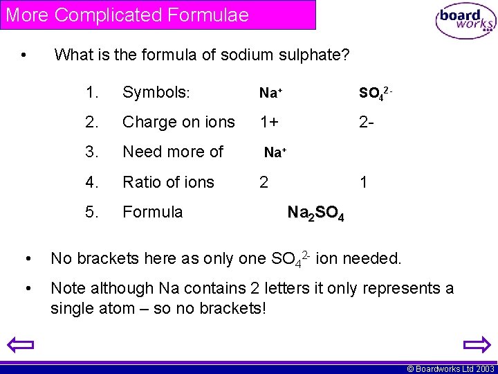 More Complicated Formulae • What is the formula of sodium sulphate? 1. Symbols: Na+