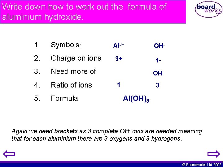Write down how to work out the formula of aluminium hydroxide. 1. Symbols: 2.