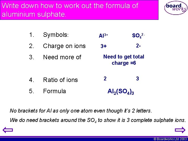 Write down how to work out the formula of aluminium sulphate. 1. Symbols: 2.