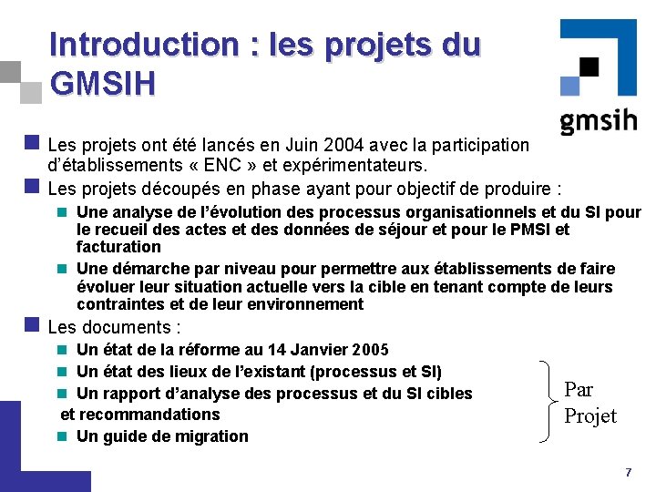 Introduction : les projets du GMSIH n Les projets ont été lancés en Juin