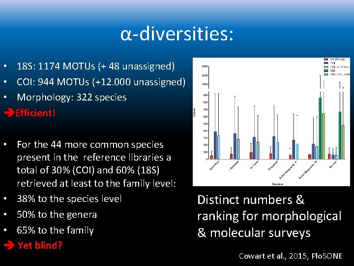 α-diversities: • 18 S: 1174 MOTUs (+ 48 unassigned) • COI: 944 MOTUs (+12.