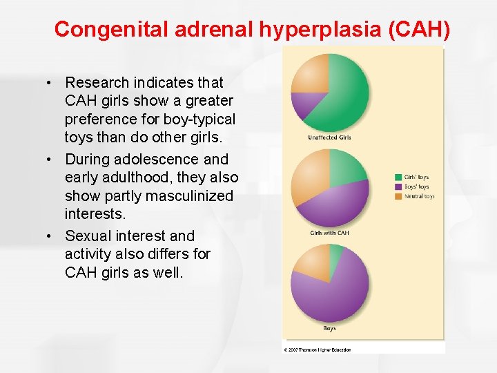 Congenital adrenal hyperplasia (CAH) • Research indicates that CAH girls show a greater preference