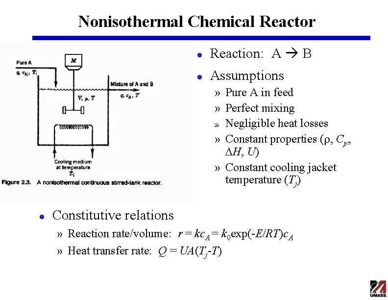 Nonisothermal Chemical Reactor l Reaction: A B l Assumptions » Pure A in feed