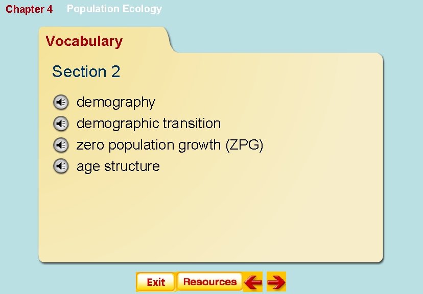 Chapter 4 Population Ecology Vocabulary Section 2 demography demographic transition zero population growth (ZPG)