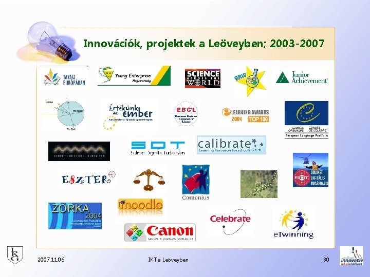 Innovációk, projektek a Leöveyben; 2003 -2007. 11. 06 IKT a Leöveyben 30 