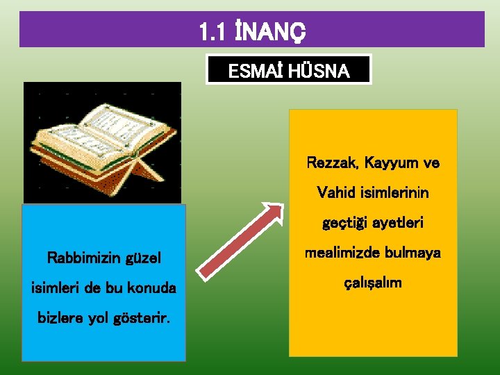 1. 1 İNANÇ ESMAİ HÜSNA Rezzak, Kayyum ve Vahid isimlerinin geçtiği ayetleri Rabbimizin güzel