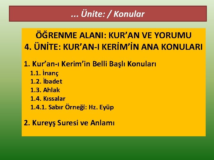 . . . Ünite: / Konular ÖĞRENME ALANI: KUR’AN VE YORUMU 4. ÜNİTE: KUR’AN-I