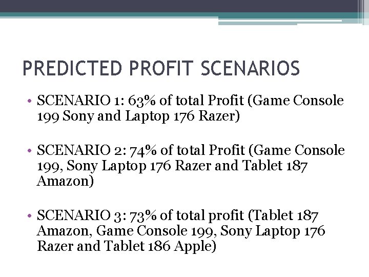 PREDICTED PROFIT SCENARIOS • SCENARIO 1: 63% of total Profit (Game Console 199 Sony