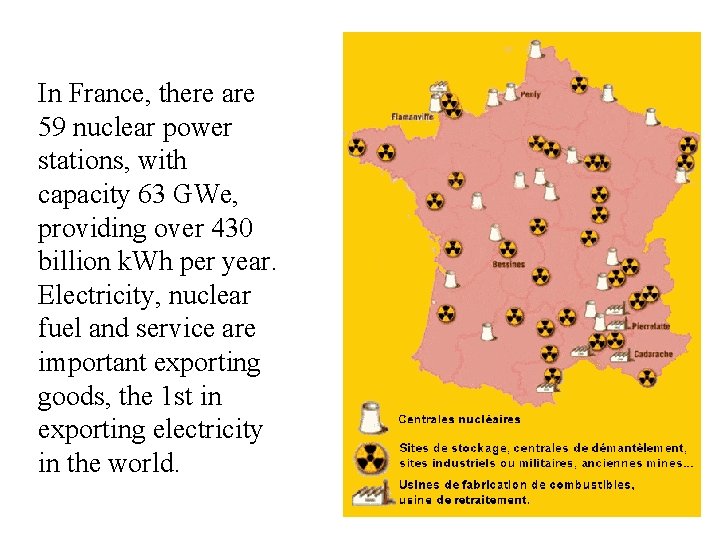 In France, there are 59 nuclear power stations, with capacity 63 GWe, providing over