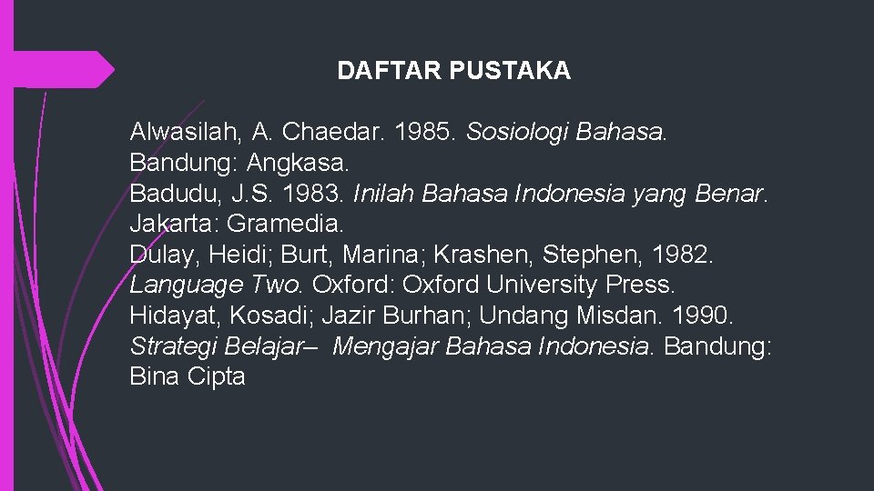 DAFTAR PUSTAKA Alwasilah, A. Chaedar. 1985. Sosiologi Bahasa. Bandung: Angkasa. Badudu, J. S. 1983.