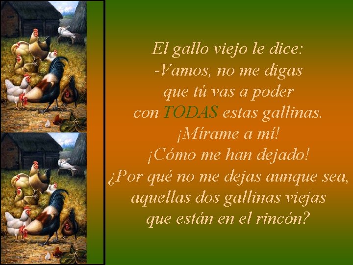El gallo viejo le dice: -Vamos, no me digas que tú vas a poder