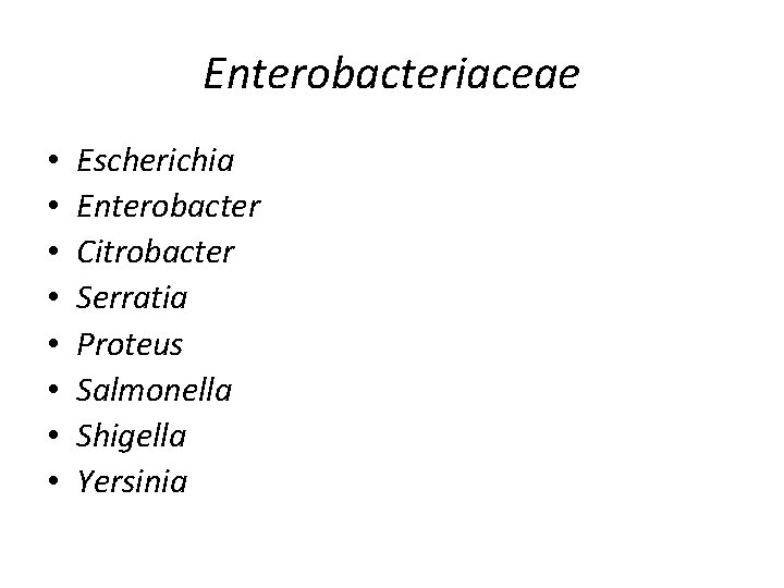 Enterobacteriaceae • • Escherichia Enterobacter Citrobacter Serratia Proteus Salmonella Shigella Yersinia 