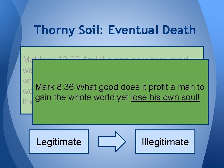 Thorny Soil: Eventual Death Matthew 13: 22 And the on whom seed was sown