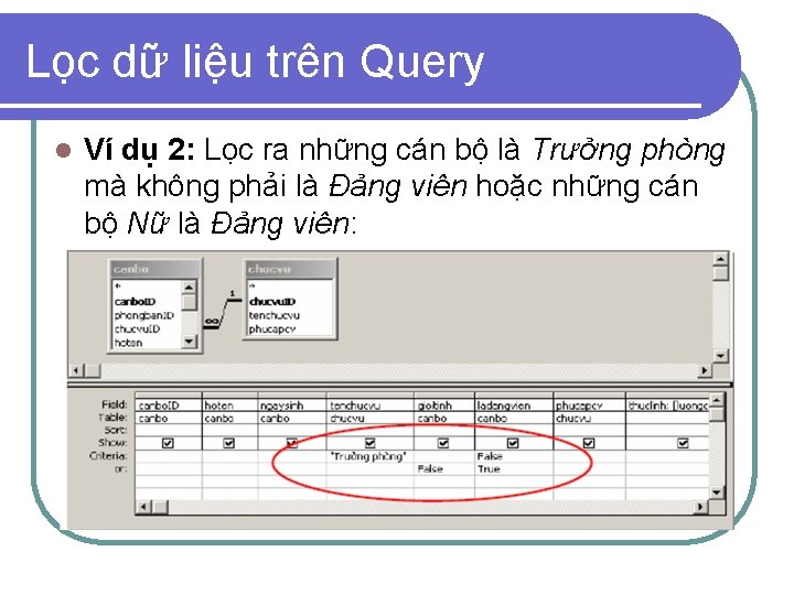 Lọc dữ liệu trên Query l Ví dụ 2: Lọc ra những cán bộ