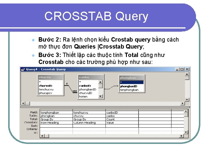 CROSSTAB Query l l Bước 2: Ra lệnh chọn kiểu Crostab query bằng cách