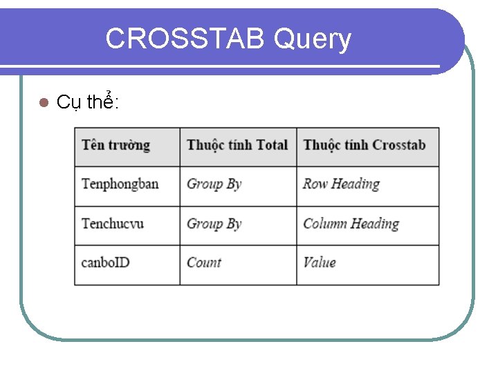 CROSSTAB Query l Cụ thể: 