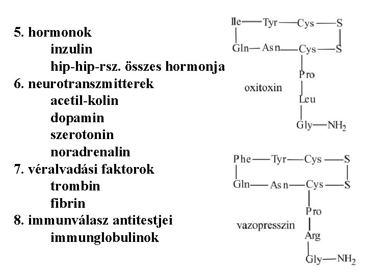 5. hormonok inzulin hip-rsz. összes hormonja 6. neurotranszmitterek acetil-kolin dopamin szerotonin noradrenalin 7. véralvadási