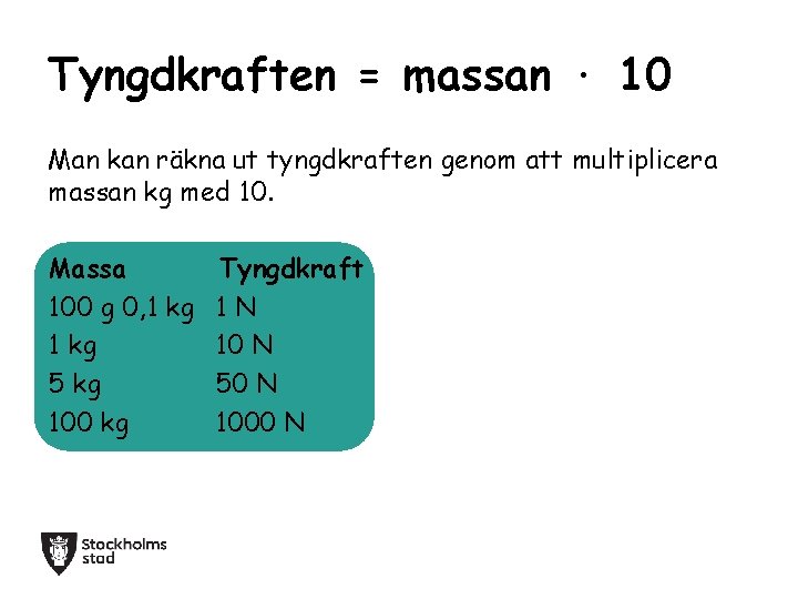 Tyngdkraften = massan · 10 Man kan räkna ut tyngdkraften genom att multiplicera massan