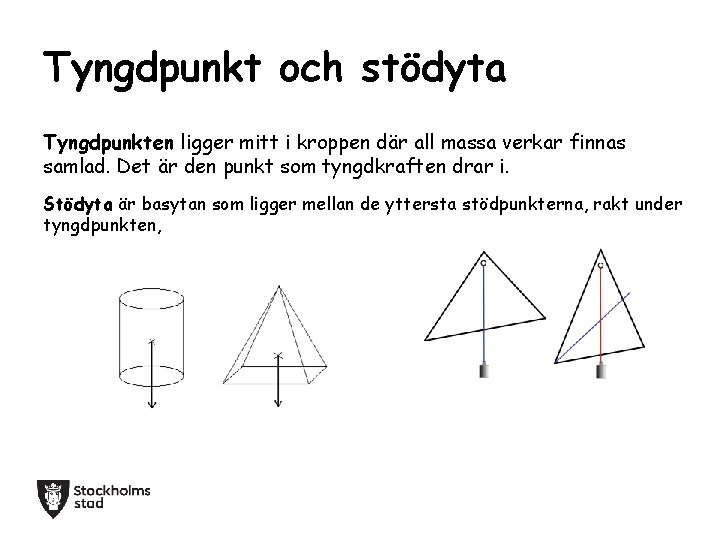 Tyngdpunkt och stödyta Tyngdpunkten ligger mitt i kroppen där all massa verkar finnas samlad.