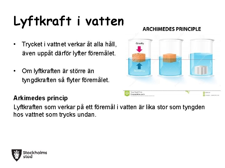 Lyftkraft i vatten • Trycket i vattnet verkar åt alla håll, även uppåt därför