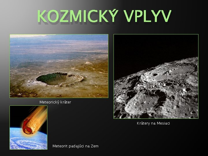 KOZMICKÝ VPLYV Meteorický kráter Krátery na Mesiaci Meteorit padajúci na Zem 