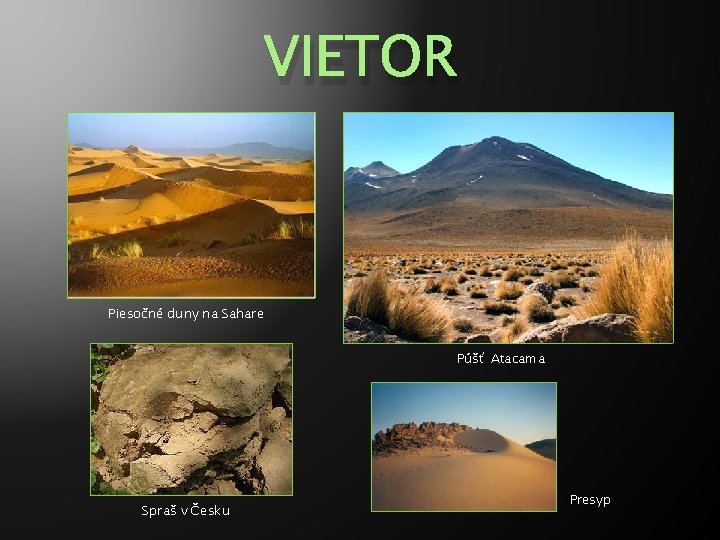 VIETOR Piesočné duny na Sahare Púšť Atacama Spraš v Česku Presyp 