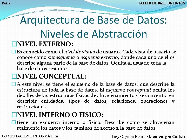 ISAG TALLER DE BASE DE DATOS Arquitectura de Base de Datos: Niveles de Abstracción