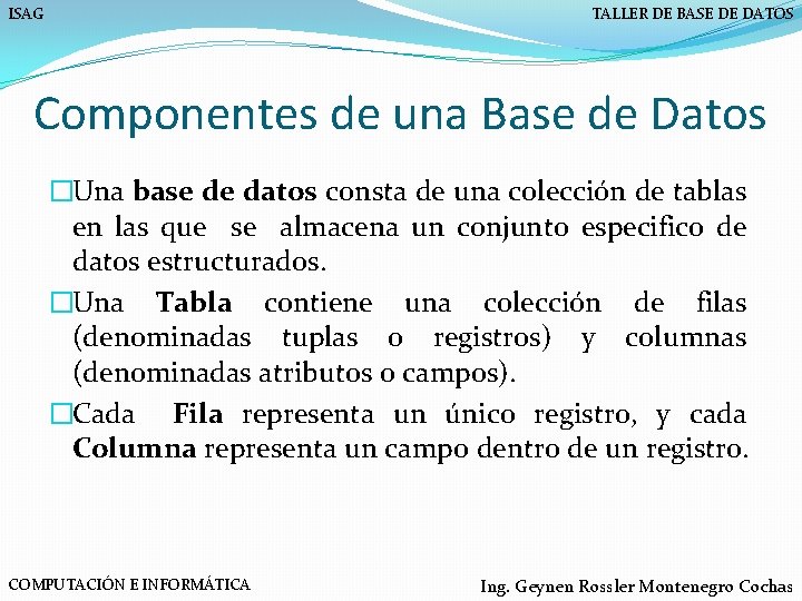 ISAG TALLER DE BASE DE DATOS Componentes de una Base de Datos �Una base