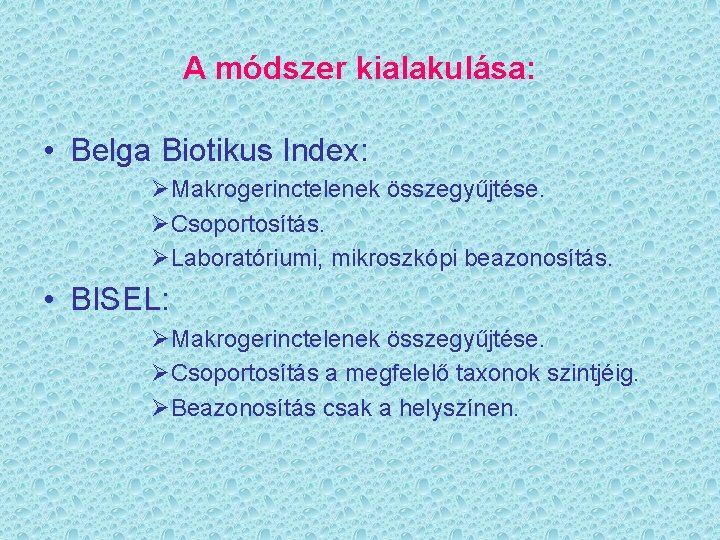 A módszer kialakulása: • Belga Biotikus Index: ØMakrogerinctelenek összegyűjtése. ØCsoportosítás. ØLaboratóriumi, mikroszkópi beazonosítás. •