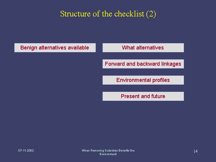 Structure of the checklist (2) Benign alternatives available What alternatives Forward and backward linkages