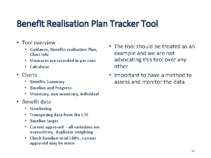 Benefit Realisation Plan Tracker Tool • Tool overview • Guidance, Benefits realisation Plan, Chart