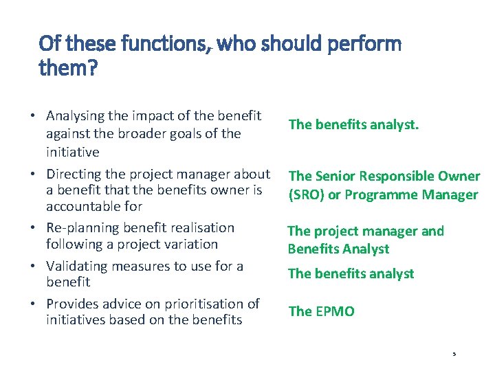 Of these functions, who should perform them? • Analysing the impact of the benefit
